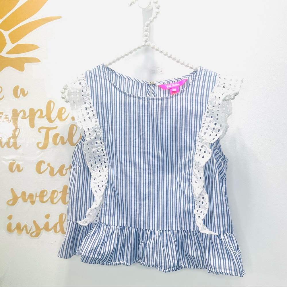 LILLY PULITZER Ellis Peplum Blue Stripe Eyelet Ruffle Sleeveless Top Blo… - Picture 3 of 13